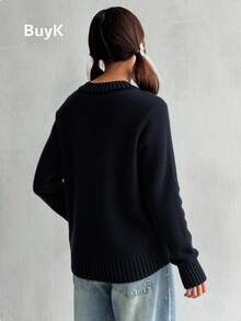 BuyK 大码黑色毛衣，节日图案，长袖，圆领，女装，假日时尚，休闲装，大码针织毛衣，女士毛衣，大码，大码图案毛衣，时尚毛衣 - 黑色1 - 查看 3