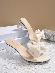 Women's High Heel Sandals With Chunky Heel, Fashionable Wedding Princess Shoes In Butterfly & Flower Design - White - View 8