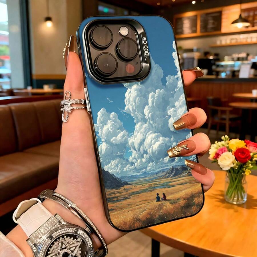 Cubierta de telefono con diseño de paisaje montañoso azul claro con nubes blancas y campo dorado para iPhone 14 Pro Max funda protectora elegante para uso diario en cafeterías y viajes - Blanco - Ver 1