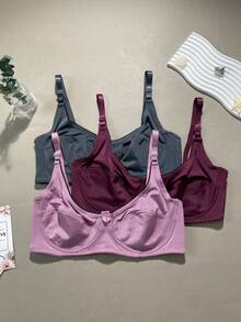3pcs/Set Solid Color Casual - Comfortable Minimalist Casual - Sports Knit Fabric Bow Front Plus Size Bras - Multicolor - View 4