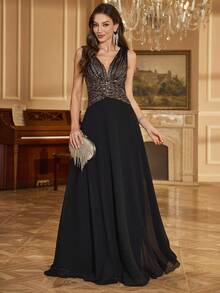 UNITHORSE [Random Cut] Women's V-Neck Gradient Sequin Chiffon Waist-Cinched Solid Color Elegant Party Dress, Wedding Dress, Evening Gown - 黑色 - 查看 1