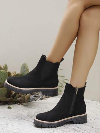 1 Pair Elegant Solid Color Fashion Side Zipper Ankle Boots, Suitable For Outdoor Wear All Seasons