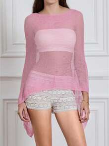 Women's Y2k Sheer Poncho Top, Lightweight Cover-Ups Crochet Shrug Bolero Mesh Knit,See-Through Off Shoulder Solid Irregular Knitted Loose Pullover,Batwing Sleeve Sweater Cover Up Beachwear,Boho Aesthetic Beach Going Out Streetwear,Spring To Summer Outfits,Rave Outfit,Concert Outfit,Summer Vacation Outfits - 粉色 - 查看 3