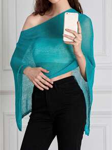 Women's Y2k Sheer Poncho Top, Lightweight Cover-Ups Crochet Shrug Bolero Mesh Knit,See-Through Off Shoulder Solid Irregular Knitted Loose Pullover,Batwing Sleeve Sweater Cover Up Beachwear,Boho Aesthetic Beach Going Out Streetwear,Spring To Summer Outfits,Rave Outfit,Concert Outfit,Summer Vacation Outfits - 藍色 - 查看 1