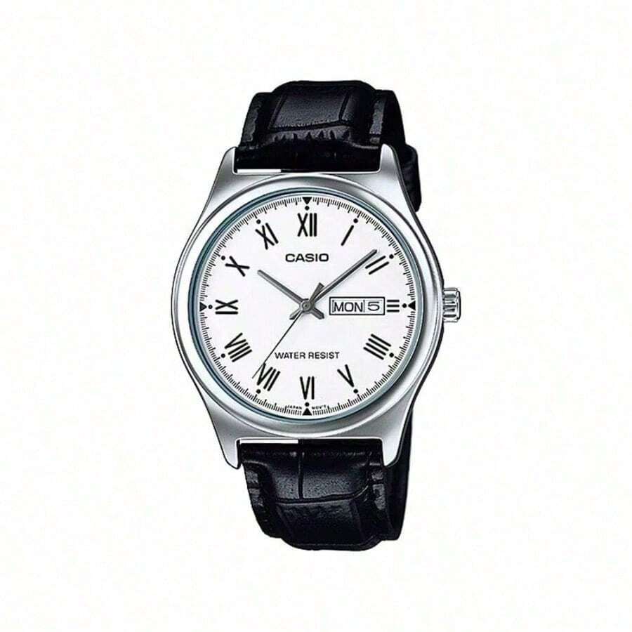 Casio 卡西欧男士白色罗马数字表盘黑色皮表带石英表 MTP-V006L-7B - 白色 - 查看 1