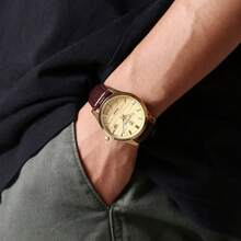 1pc Couple's Quartz Watch, Black & White/Brown & Gold Leather Strap Calendar Wristwatch, Unisex Business Casual