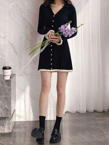 Alicedudu Đầm len nữ mùa thu/đông phối màu tương phản cổ chữ V dáng ôm màu đen - màu đen - Xem 5
