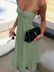 女士新款无袖系带优雅沙滩露肩宽松长裙，波西米亚性感露背休闲A字连衣裙，春夏秋季 - 綠色 - 查看 3