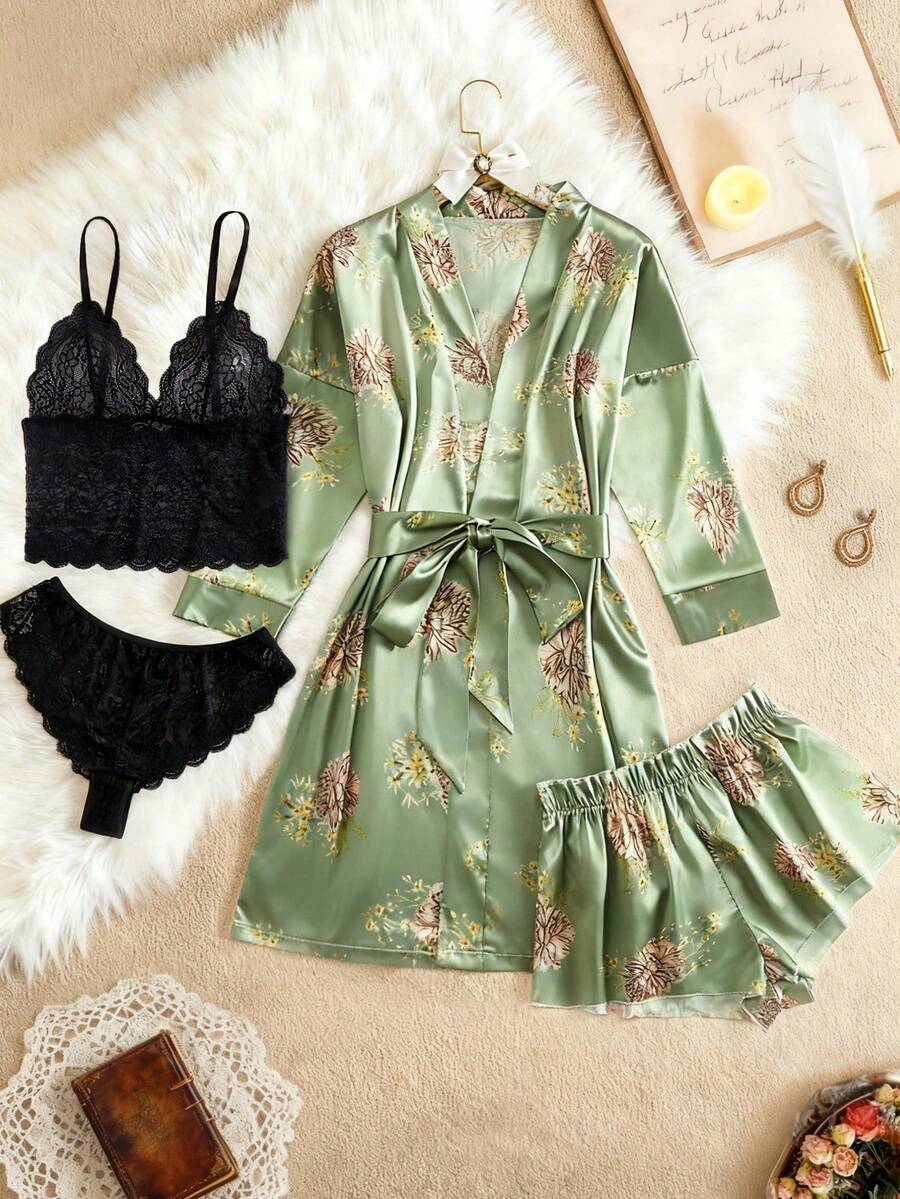 5 piezas Conjunto de lencería sexy para mujer Nuevo Lanzamiento: Bata de satén de manga larga y top de camisola de encaje con copa triangular y pantis semitransparentes de corte triangular sólido y pantalón corto estilo boxer con estampado y cinturón de satén Conjunto de pijama de ajuste relajado y cómodo
