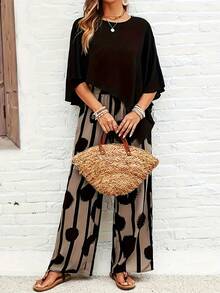 Plus Size Women 2 Pieces Set - Asymmetrical Hem Short Sleeve Top And Straight Leg Pants - Multicolor - View 1