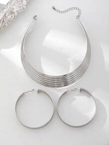 Set de 3 piezas de collar gargantilla y aretes geométricos de metal con diseño exagerado en color dorado - Conjunto de pendientes y gargantilla - Ver 11