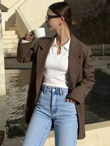 Livesso Women's Solid Color Turndown Collar Long Sleeve Casual Business Blazer,Fall Clothes - Coffee Brown - View 5
