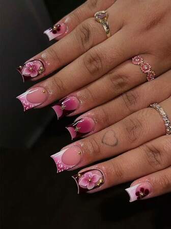 手工3D立体花朵美甲贴片，绽放红色凝胶美甲，短款方形美甲，10片装，适合女性和女孩日常佩戴