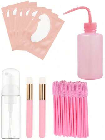 64件套包含：50支一次性睫毛刷、10片U型眼膜、1个250毫升斜口瓶、2支粉色清洁刷、1个旅行装泡沫瓶（适用于洁面乳、洗发水、沐浴露）、一次性螺旋睫毛梳、斜口喷雾瓶清洁用品
