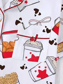 Two Piece Set Of Fried Chicken And French Fries Cola Printed Women's Pajamas, Made Of Milk Silk Material, Breathable And Soft, Including A Collared Shirt And Loose Elastic Shorts, Suitable For Family Gatherings, Birthday Gifts, Christmas Parties, Outdoor Activities - 白色 - 查看 5