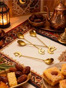 2/4/6/8pcs Stainless Steel Coffee Spoons, Moon & Star Shaped Dessert Spoons, Suitable For Afternoon Tea, Ramadan Gift - Gold - View 4