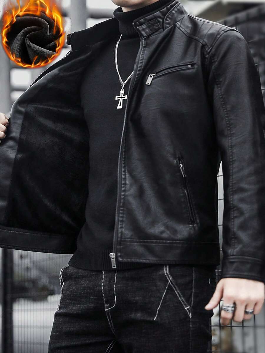 Men's Leather Jacket Coat, Thermal Lined, Thickened For Winter - Black - View 1