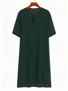 男士休闲长款T恤，纯色，柔软梭织面料，简约优雅，宽松版型，适合外出、户外活动、通勤，百搭时尚，男士必备，斋月短袖长袍