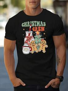 Camiseta de Manga Corta con Patrón Navideño para Hombre - Impresión de Hombre de Jengibre y Gorro de Santa, Diseñada con Botella de Leche y Bastón de Caramelo - Camiseta Blanca Casual de Manga Corta, Adecuada para Fiestas Navideñas, Regalos de Navidad, Uso Todo el Año (Transpirable, Lavable a Máquina) - Hombre de Jengibre - Negro - Ver 6