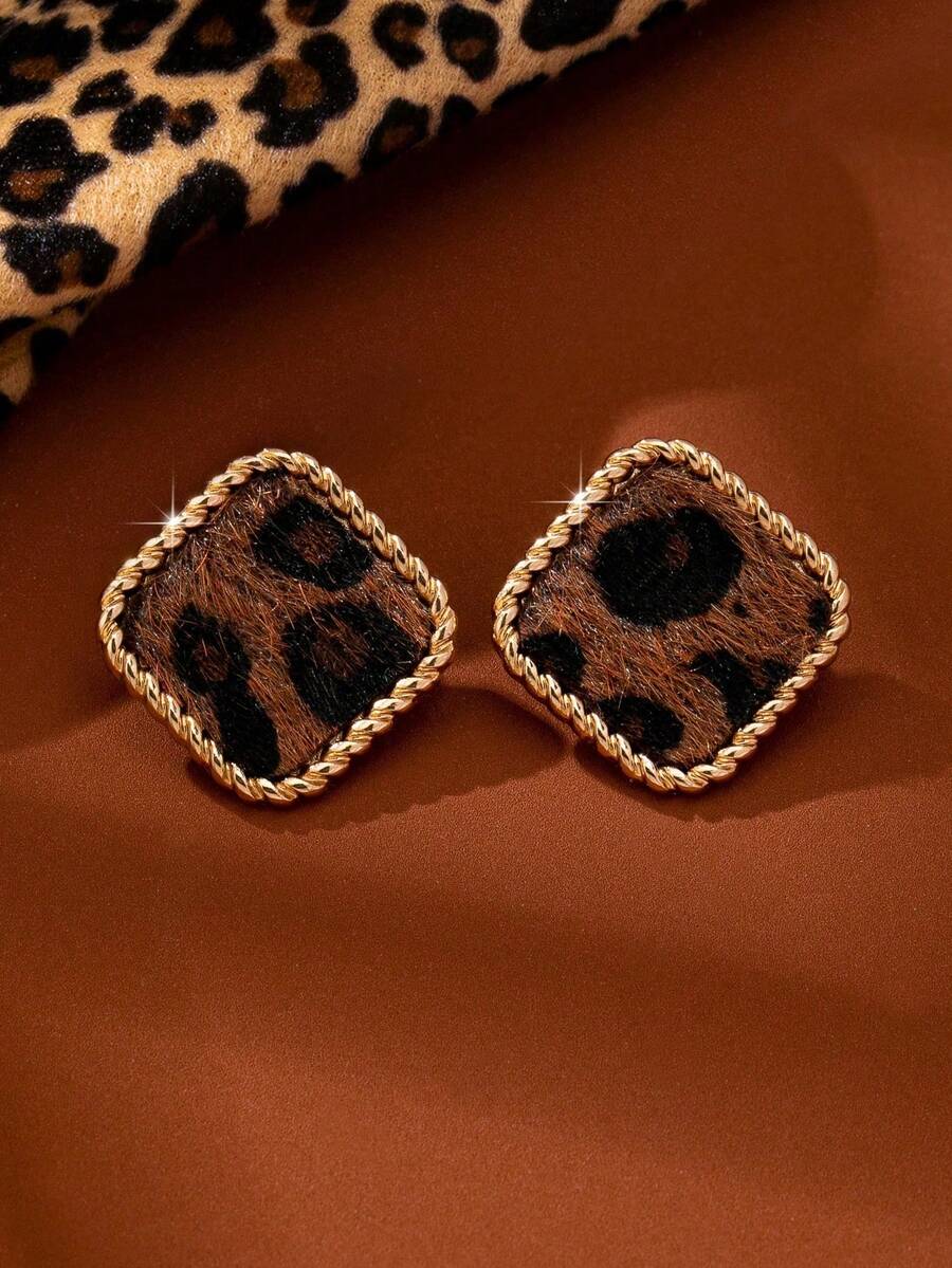 1对时尚豹纹耳钉，女士款，休闲百搭 - 彩色 - 查看 1