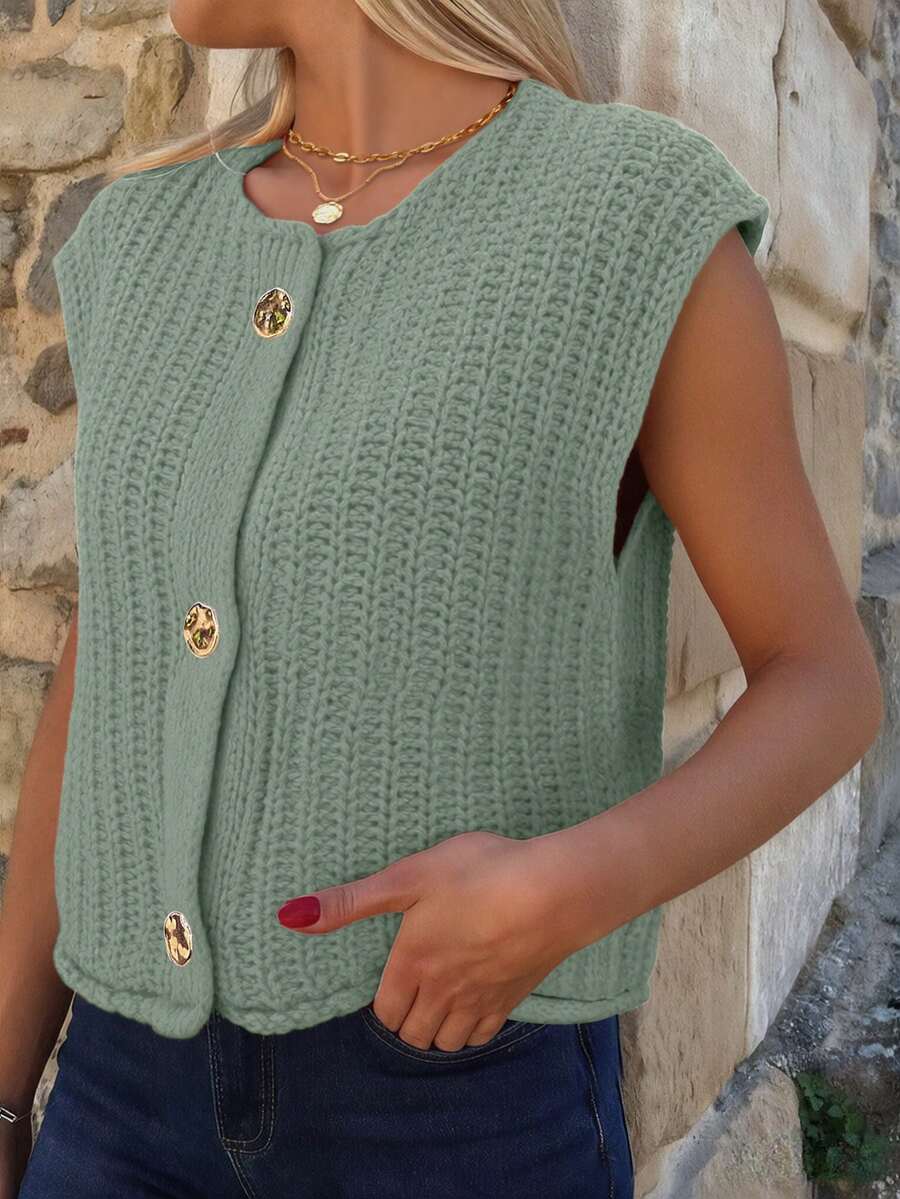 Damski luźny, swobodny sweter kamizelka z dzianiny jednorzędowej, szałwiowo-szary, jesień/zima