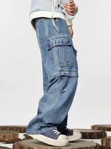 青少年街头多口袋工装裤，春秋季新款宽松复古蓝色直筒牛仔裤，适合中大童男孩