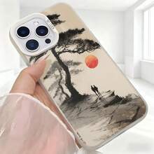 Carcasa para iPhone con diseño de árbol y sol rojo en estilo acuarela gris y blanco para uso diario en cafeterías - Blanco - Ver 5