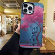 Cubierta de teléfono con diseño de robot bajo árbol de flores rosadas color azul para iPhone uso diario en cafeterías - Negro - Ver 4