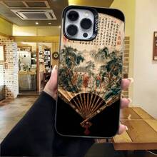 Cubierta de telefono con diseño de abanico chino estilo antiguo color negro con estampado de paisaje tradicional y caracteres chinos para uso diario en cafeterias y eventos culturales - Negro - Ver 4