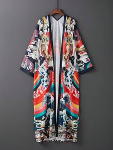 加大码夏季中长款宽松休闲沙滩罩衫、和服、长袍、波西米亚风超长连衣裙套装（适合比基尼）、轻质防晒霜 - 黑色 - 查看 3