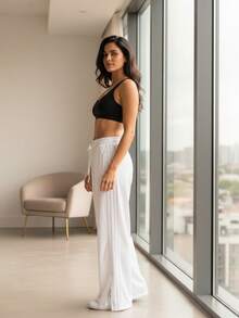 WUUW Women's Casual Fashion Sports Drawstring Straight Sweatpants With Side Stripes For Sports And Leisure - trắng - Xem 2