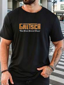 Men's GRETSCH Graphic Casual T-Shirt - Summer Short Sleeve Round Neck Tee With Bold Orange & White Logo, "The Best Guitar Sound" Design, Green Solid Color, Regular Fit For Adults, Rock Band T Shirts, Nontransparent Fabric, Music Lover Apparel, Vintage Style, Breathable Material, Printed Shirt, Music Fans - 黑色 - 查看 1