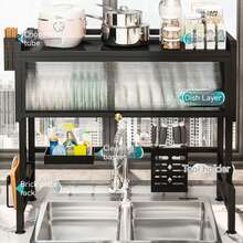 Over The Sink Dish Drying Rack - Dish Drainer With Hooks & Utensil Holder For Kitchen - Black - View 3