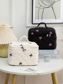 This Cute Large-Capacity Cosmetic Bag Features An Embroidered Bow, Serving As Both A Portable Travel Organizer And A Toiletry Bag, Perfect For Storing Makeup, Skincare Products, Toiletries, And Makeup Brushes. It Is An Ideal Choice For Autumn, Winter, And The Christmas Season.,Pouch,Makeup Pouch,Travel Essential - Multicolor - View 5
