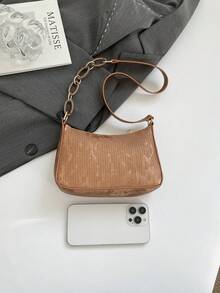 Bolso de hombro y axila en forma de media luna con estampado minimalista de piel de serpiente de moda - Marrón - Ver 8