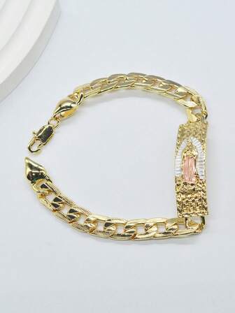 1pc 14k Gold Plated Virgin Mary Rosary Bracelet, Elegant Religious Jewelry Gift For Men & Women, Durable Accessory Suitable For Everyday Wear And Special Occasions, Ideal For Catholic Believers, Featured By Refined Golden Design, Adjustable Clasp For Comfortable Fit