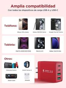 Aioneus Cargador Tipo C, Cargador USB C Carga Rápida 40W Cubo PD+QC Rapido 4-Puertos Adaptador con Cable 2M 60W, USB A y USBC Charger para iPhone 16 15 14 13 12 11 Pro MAX XS XR, Galaxy S25 S24 - rojo - Ver 6