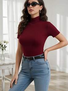 High-Neck, Short-Sleeved Cotton Knit Blouse - Maroon - View 2