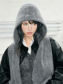 1 pezzo Berretto balaclava da donna di colore unito, cappello lavorato a maglia spesso e caldo con protezione per le orecchie, set elegante e casual retrò di berretto e sciarpa versatile, adatto per uso all'aperto, sci, ciclismo, viaggi, feste, uso quotidiano in autunno/inverno