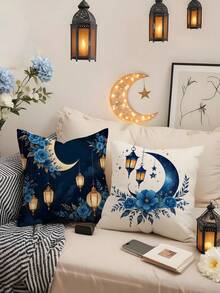 1pc/4pcs Ramadan Polyester Printed Cushion Cover, Blue Moon Flower Cushion Cover, Pillow Pad, Room Decor, Bedroom Decor, Sofa Chair Decoration (Without Pillow Insert) - Multicolor - View 6