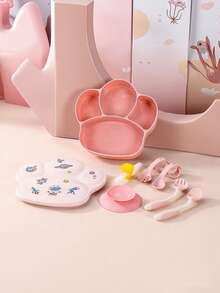 Set De 8 Piezas Juego De Cuchara y Tenedor De Silicona Para Bebé, Adecuado Para Bebés y Niños Pequeños, Hecho De Silicona, Diseño Dividido, Cuchara y Tenedor De Mango De Madera, Plato De Silicona Para Niños Apto Para Microondas y Lavavajillas, Regalo Para Niños - Rosa - Ver 2