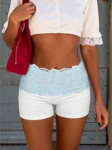 Women's Lace Trim Shorts Y2K Ruched Low Rise Mini Stretchy Slim Fit Micro Shorts Going Out Concert Mini Booty Shorts - White - View 1