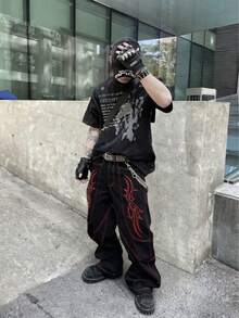 1 chiếc quần jeans nam denim mài kiểu cổ điển, thêu họa tiết gai nhọn, dáng rộng ống quần (Không bao gồm thắt lưng và phụ kiện) - màu đen - Xem 4