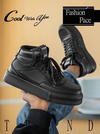男士时尚全黑拼接高帮运动鞋，百搭设计，适合通勤、探险和休闲户外穿着