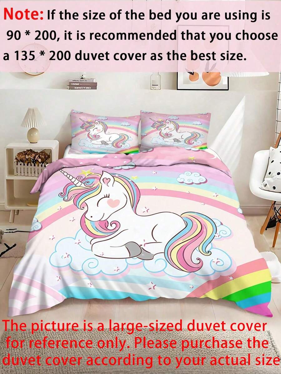 1/3pcs Set, Includes 1 Duvet Cover And 2 Pillow Shams, Duvet Cover Made Of Polyester Fabric, Digital Printed Pattern With Smiling Rainbow Unicorn. Available In Multiple Sizes, Suitable As Holiday Gift For Girls And Children.