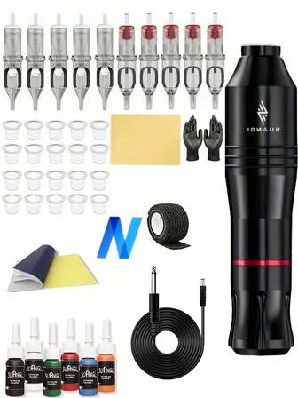 SUANGL Wireless Tattoo Gun Kit, Portable Tattoo Gun Set, 1000mAh Rechargeable Lithium Battery, 5 Hours Runtime, Digital Display Screen, Complete Tattoo Gun Kit, Suitable For Beginners And Tattoo Artists, Wireless Tattoo Machine, Gift Choice