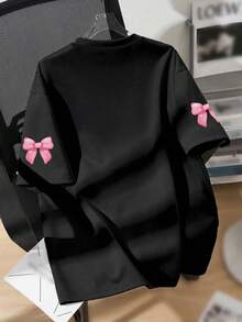Girls' Casual Minimalist T-Shirt, Cute Bow Pattern, Pink Letter Print, Cartoon Style, Girls' Pullover, Round Neck Short Sleeve, Spring/Summer New Short Sleeve Top - Black - View 6