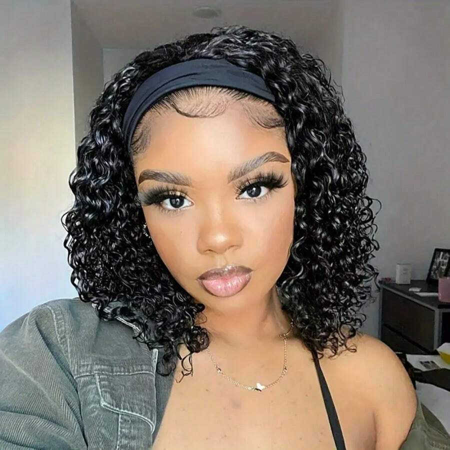 Deep Wave Headband Wigs Short Bob Put On And Go Wigs Glueless Jerry Curly Wigs For Women - 200% Density Brazilian Deep Curly Headband Wig Full Machine Made Wig Natural Color For Daily Use Exercise Beginner Friendly For Christmas Gift