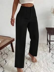 女士优雅通勤褶皱侧袋直筒裤 - 黑色 - 查看 1