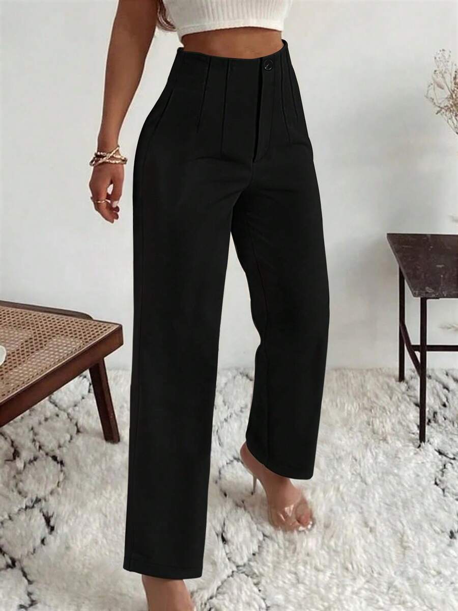 女士优雅通勤褶皱侧袋直筒裤 - 黑色 - 查看 1